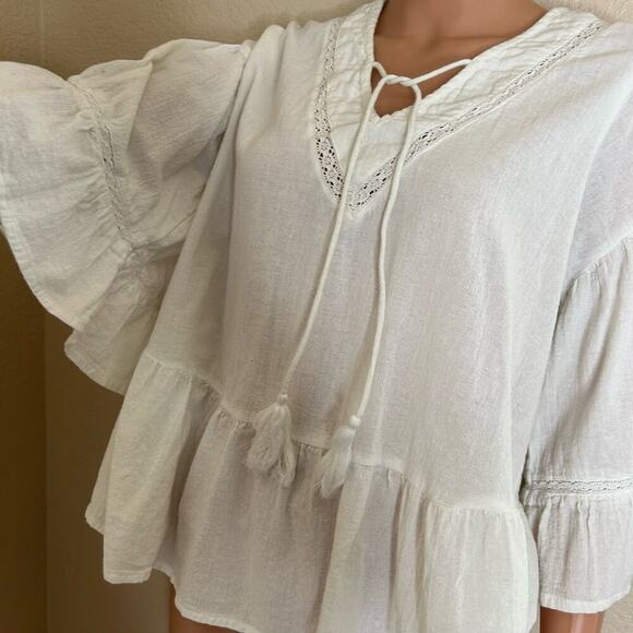Asos blouse top flowy white 100% cotton lightweight V-neck tie 3/4 sleeve SZ M - Picture 5 of 9